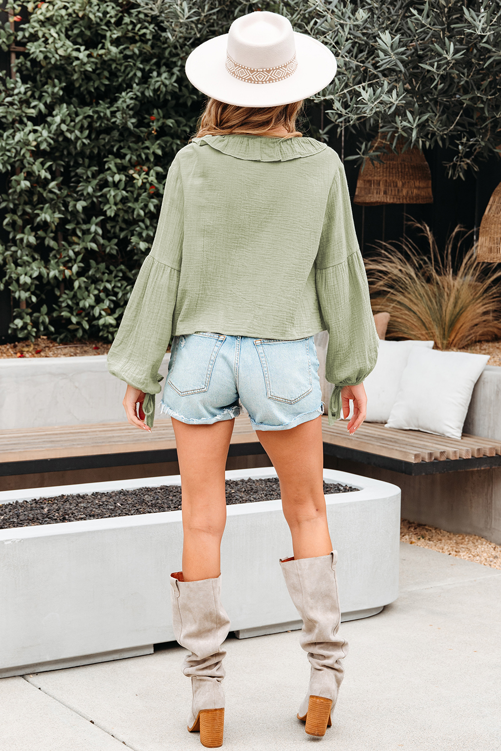 Casual Meadow Mist Green Blouse with Bow Tie and Ruffle Details - Perfect for Daily Wear - Detail View 6