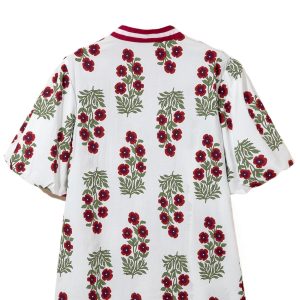 Women's Floral Print Cotton Blouse – V-Neck Short Sleeve Top with Rick Rack Trim, Southern Belle Style - Main View