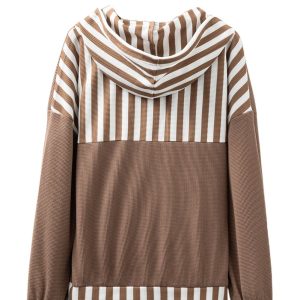 Casual Straw Yellow Waffle Texture Striped Patchwork Button Neck Drawstring Hoodie - Main View