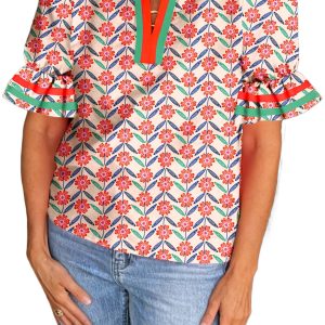 Women's Red Floral Print Blouse with Ruffled Short Sleeves – Casual Summer Style for Daily Wear