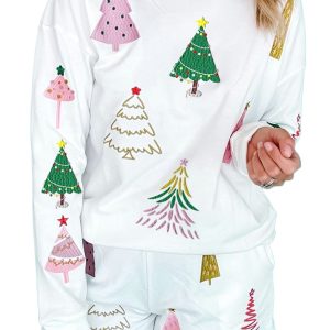 Women's White Stripe Multi Christmas Tree Lounge Set – Cozy Long Sleeve Top and Shorts for Holiday Relaxation - Main View