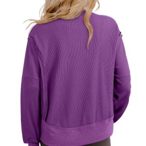 Women's Orchid Mist Solid Color Ribbed Drop Shoulder Sweatshirt – Casual Daily Wear with Raw Hem Patchwork