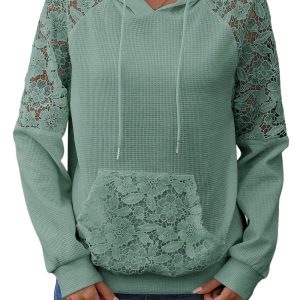 Women's Smoke Green Lace Patchwork Hoodie – Casual Waffle Knit with Kangaroo Pocket for Daily Wear - Main View