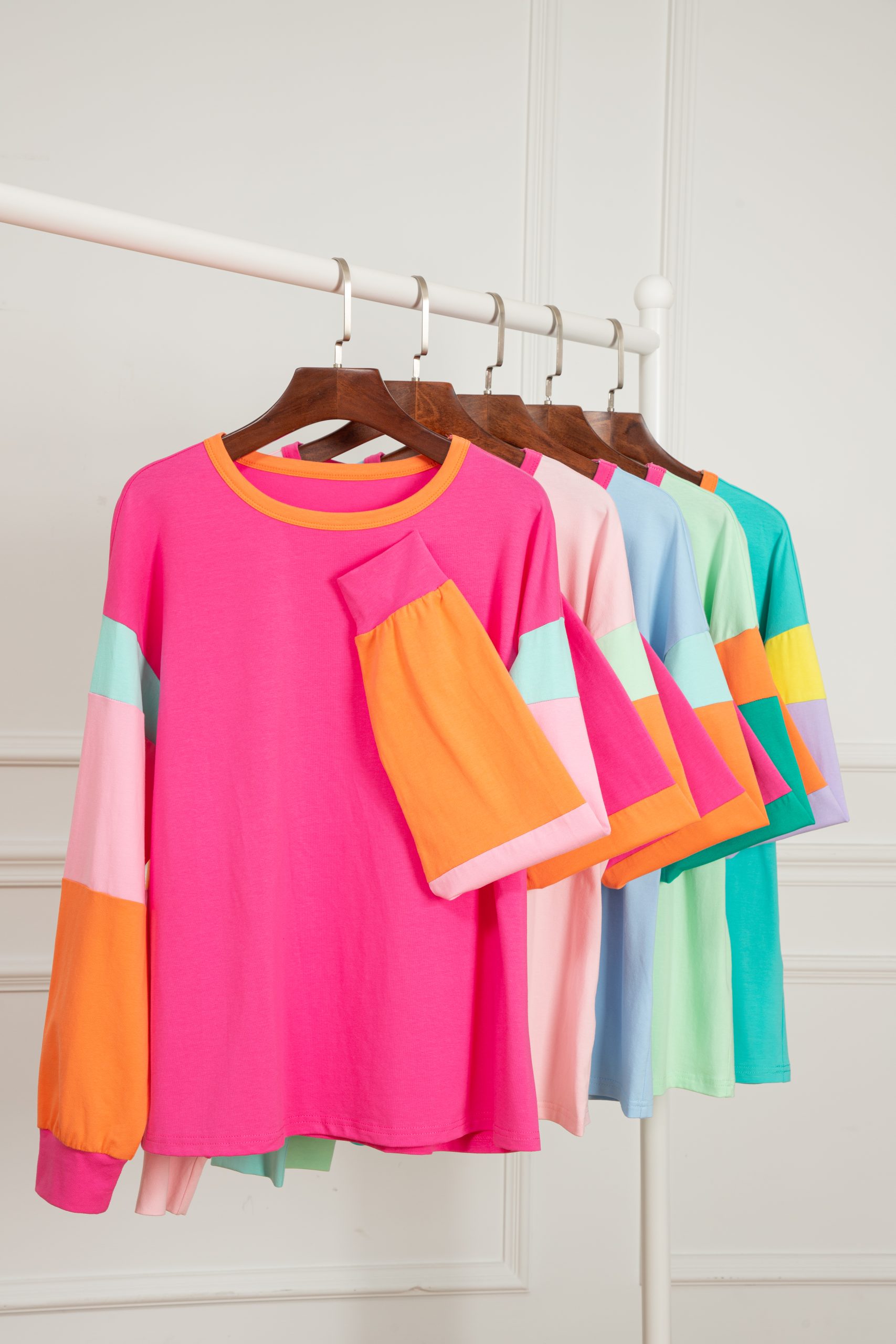 Casual Women's Light Blue Colorblock Patchwork Long Sleeve Loose Top - Detail View 21