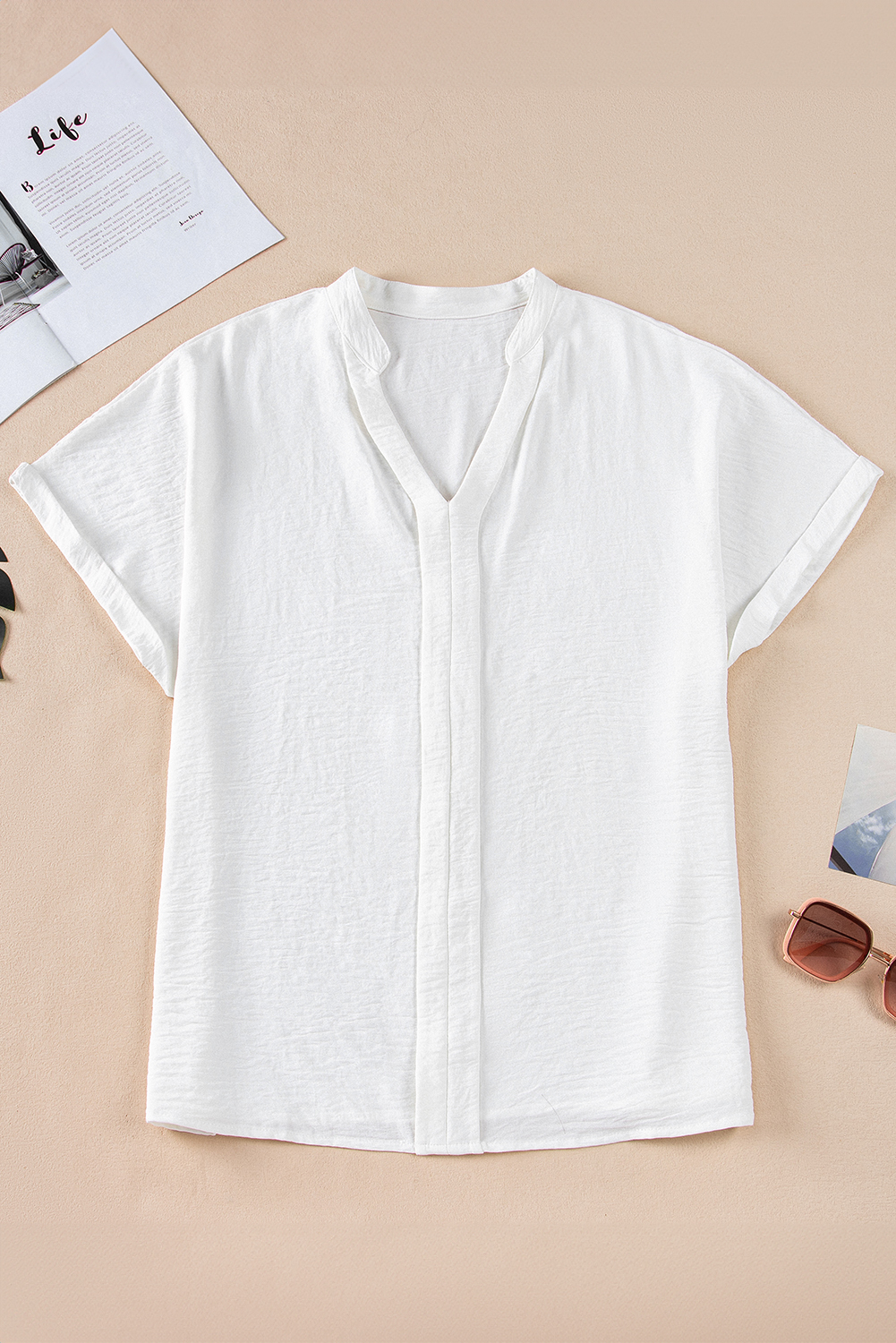 Women's Blouse, White Top, Notched Neck, Batwing Sleeve, Lightweight, Casual, Elegant, V Neck, Solid Color, Patchwork Design, Summer Wear, Daily Wear, Office Attire, Shift Silhouette - Detail View 8