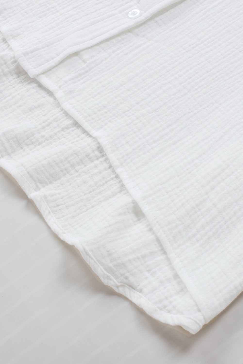 Women's Oversized White Textured Cotton Gauze Shirt with Single Chest Pocket - 3/4 Sleeve Casual Top - Detail View 13