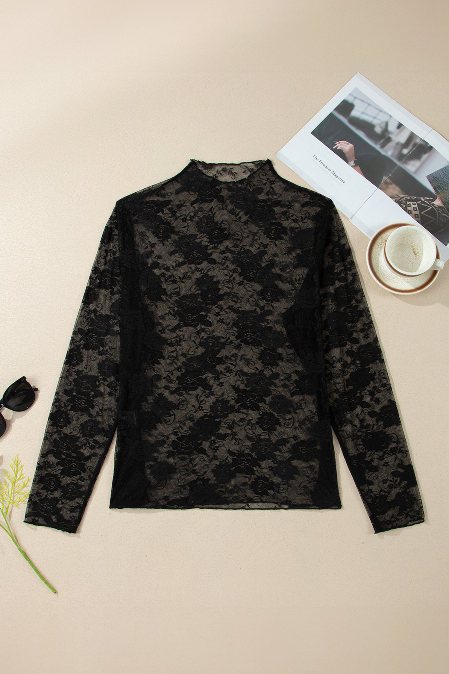 Sheer Floral Lace Top for Women – Black Long Sleeve Mesh Blouse, Stand Neck Shift Silhouette for Night Out - Detail View 2