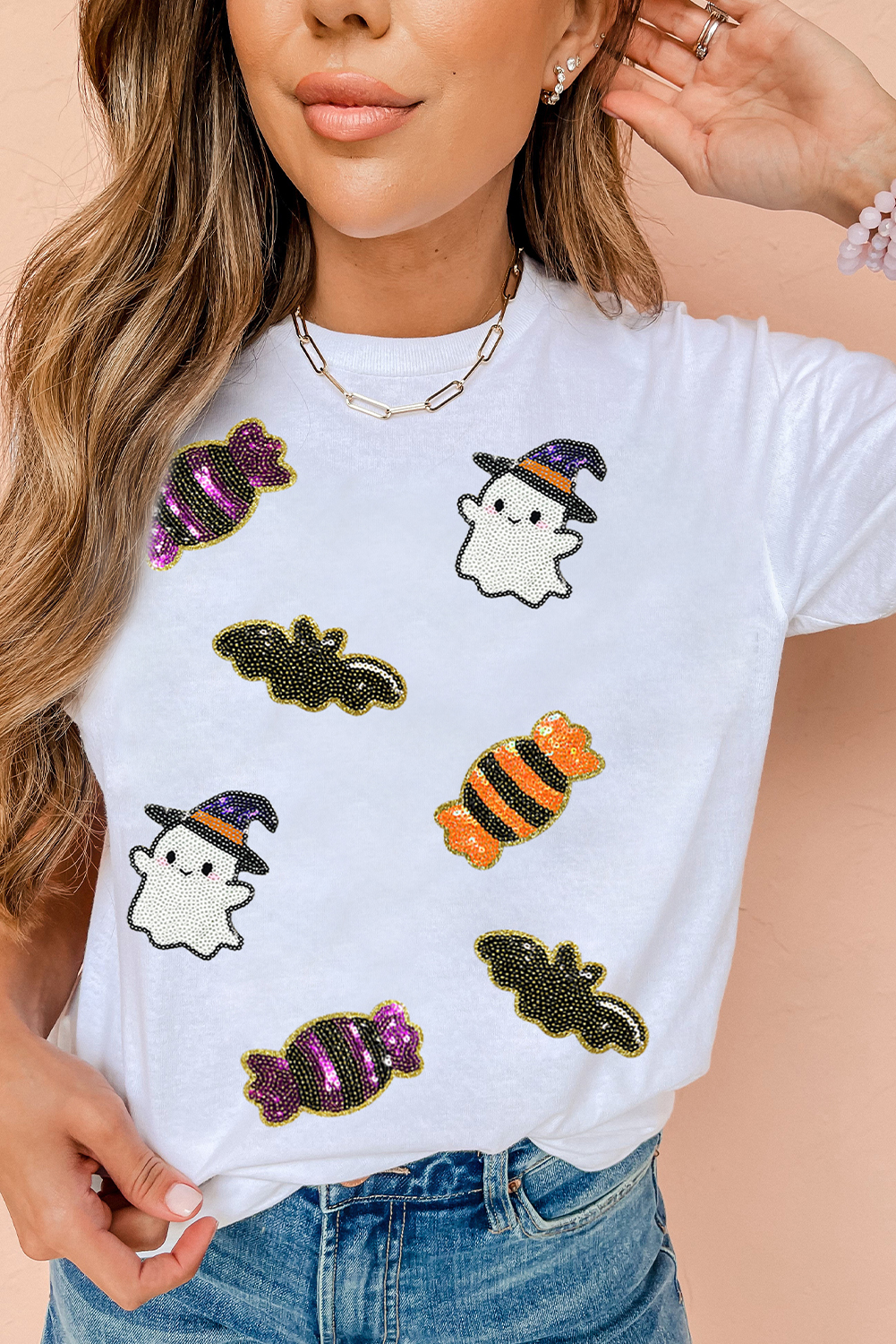 Custom White Sequined Halloween Spirit Pattern Casual Tee for Women - Detail View 5
