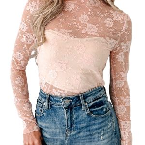 Elegant Apricot Pink Sheer Floral Lace Mock Neck Long Sleeve Top for Women - Main View