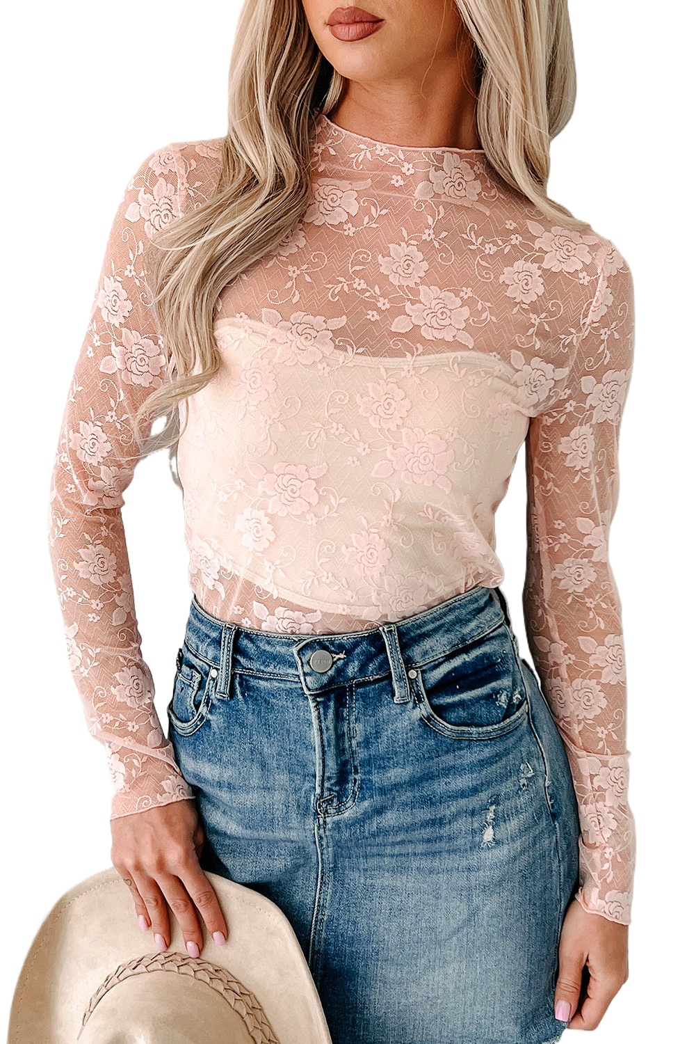 Elegant Apricot Pink Sheer Floral Lace Mock Neck Long Sleeve Top for Women - Main View