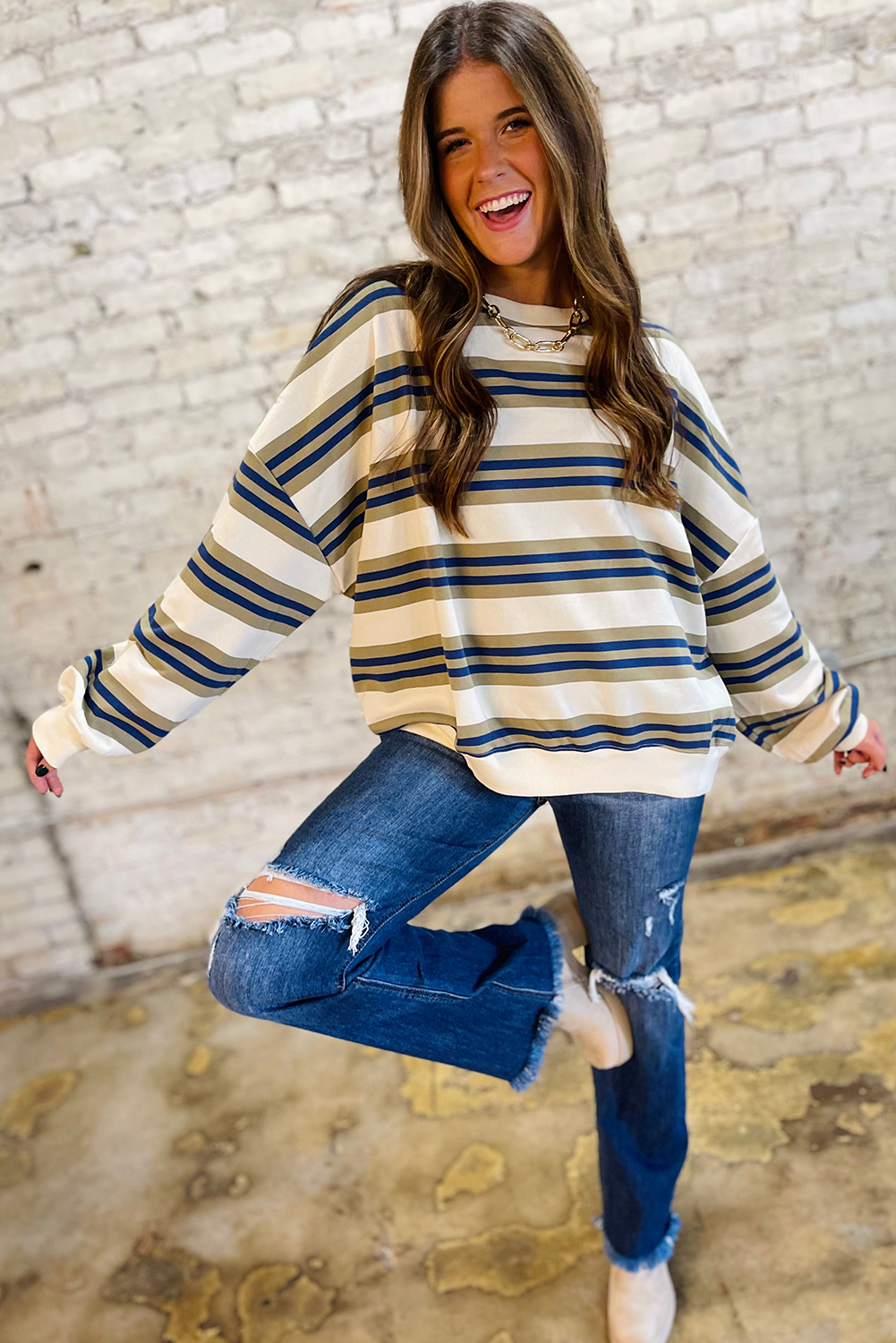 Casual and Cozy Khaki Striped Long Sleeve Sweatshirt with Ribbed Details - Detail View 2