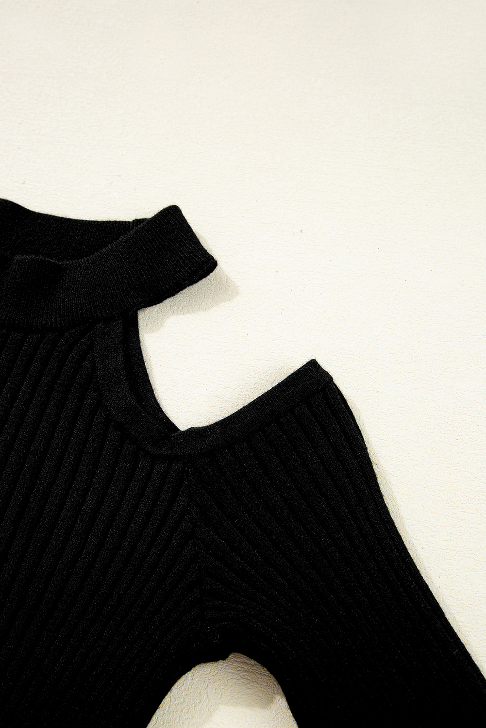 Women's Black Ribbed Knit Cold Shoulder Choker Neck Sweater - Stylish and Cozy for Fall - Detail View 9
