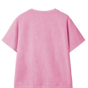 Women's Pink Mineral Wash Tee – Short Sleeve V-Neck Top with Lace Patchwork Detail