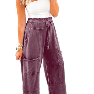 Women's Wild Ginger Mineral Wash Lace-up High Waist Raw Hem Pants – Casual Daily Wear with Patched Pockets - Main View