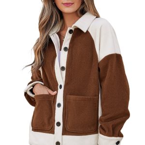 Women's Brown Patchwork Fleece Shacket for Daily Casual Wear