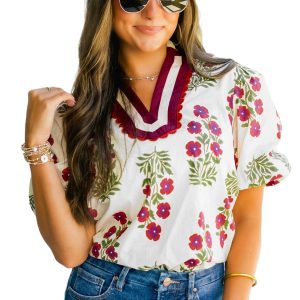 Women's White Floral Blouse with Short Bubble Sleeves – Casual Vacation Essential