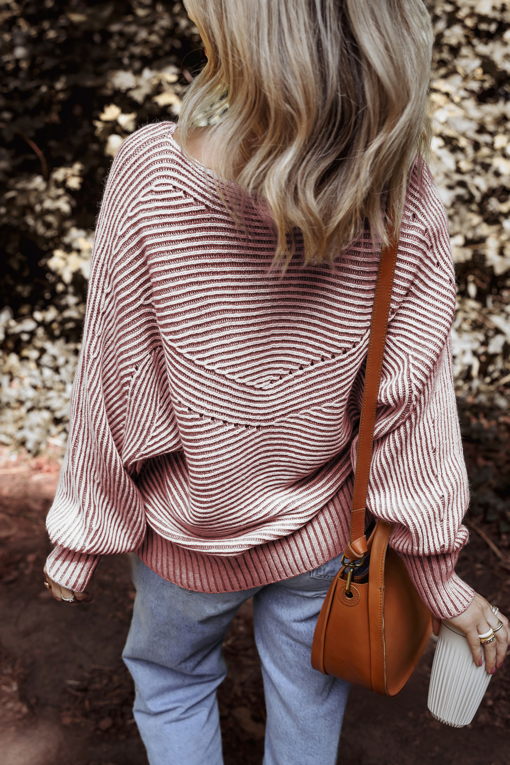 Stylish Long Sleeve Ribbed Sweater in Red Dahlia with Striped Pattern - Detail View 6