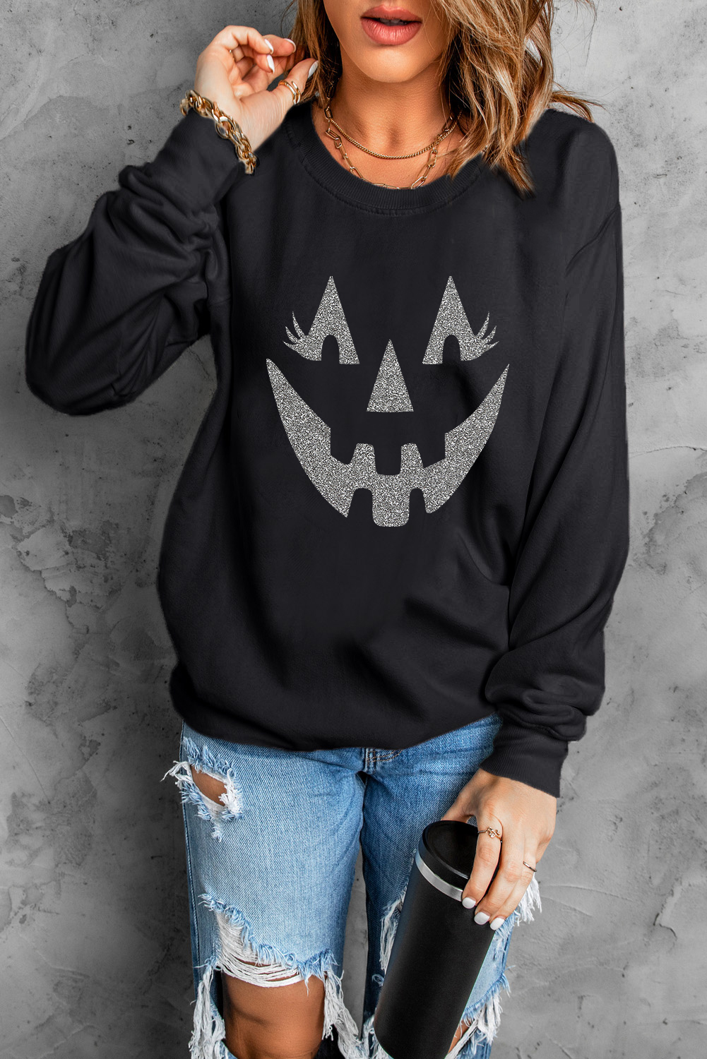 Cozy Halloween-Themed Black Sweatshirt with Spooky Face Print for Daily Wear - Detail View 6
