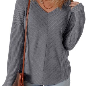 Women's Sleet V Neck Chevron Texture Long Sleeve Knit Top with Cut Out Detail - Main View
