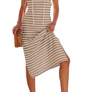 Women's Khaki Stripe V Neck Midi Dress - Sleeveless Casual Side Slit for Summer Outings
