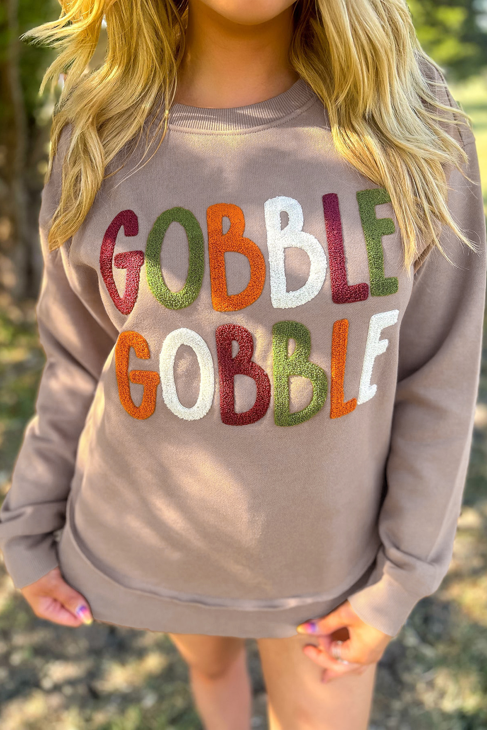 Casual Long Sleeve Round Neck Sweatshirt with Thanksgiving GOBBLE Design - Detail View 10