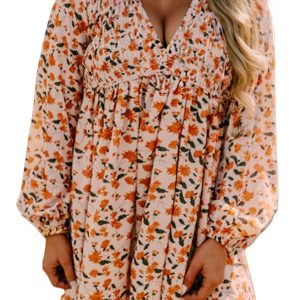 Women's Beige Floral Print V Neck Babydoll Dress – Casual Long Sleeve Spring Style
