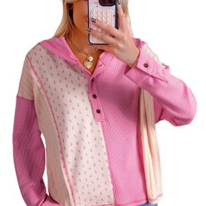 Women's Oversized Pink Waffle Knit Floral Patchwork Hooded Pullover - Main View