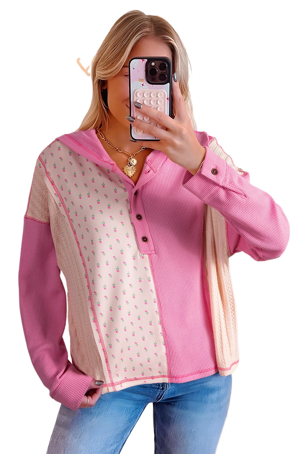 Women's Oversized Pink Waffle Knit Floral Patchwork Hooded Pullover - Main View
