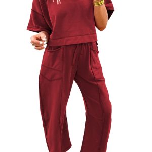 Women's Racing Red Two-Piece Set – Boxy Drop Shoulder Tee and High Waist Barrel Pants