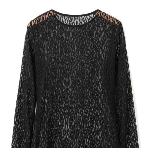 Women's Black Leopard Sheer Mesh Long Sleeve Top for Daily Wear
