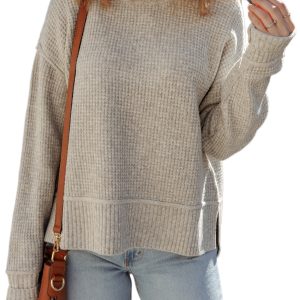 Women's Gray Morn Waffle Knit High Neck Sweater – Casual Drop Shoulder Long Sleeve for Daily Wear - Main View