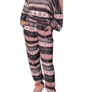 Women's Black Retro Christmas Pattern Loose Pullover and Lounge Pant Set – Casual Home Relaxation Wear