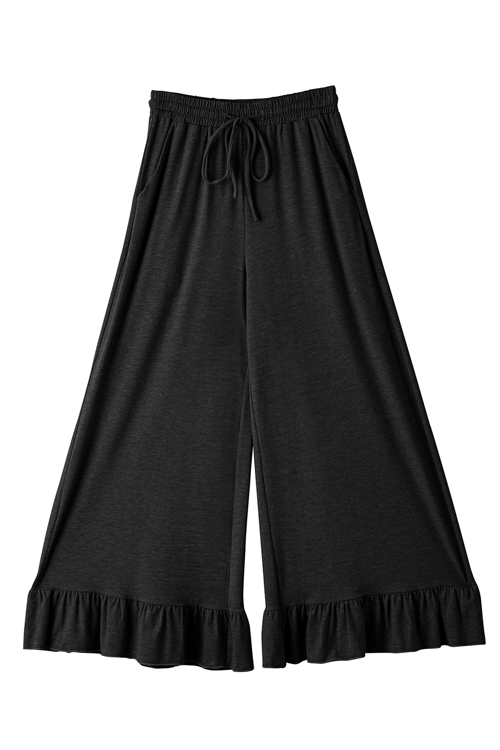 Stylish High Waist Wide Leg Pants for Women - Black Casual Trousers with Pockets - Detail View 18