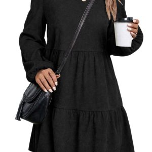 Women's Black Lantern Sleeve Mini Dress – Stylish A-Line Design for Daily Wear