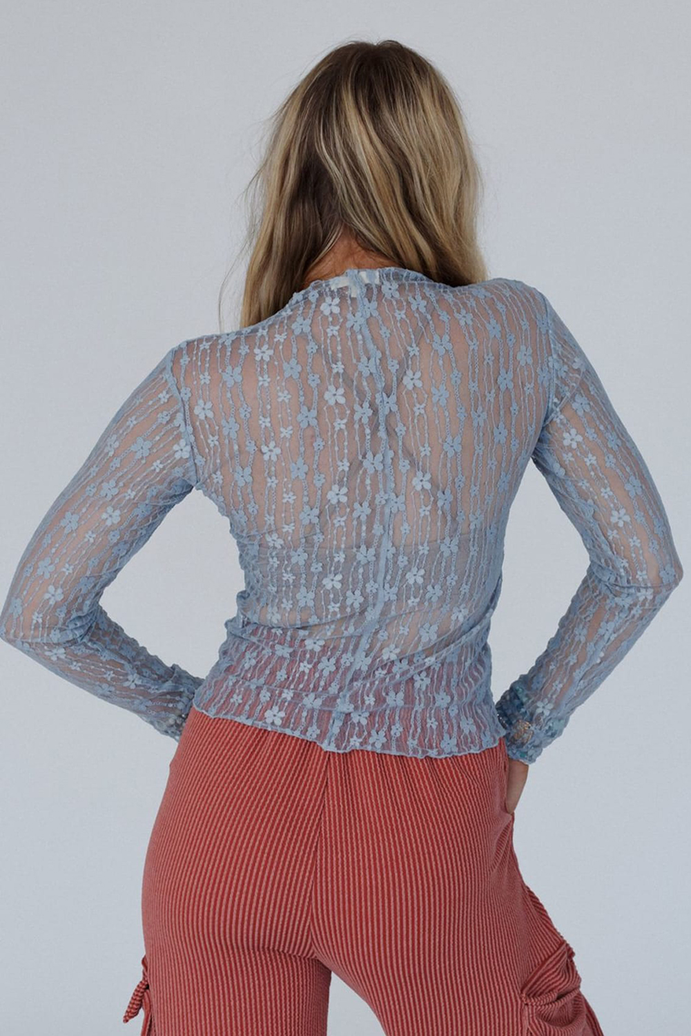 Seductive Fitted Long Sleeve Lace Top with Lettuce Hem - Perfect for Layering - Detail View 2