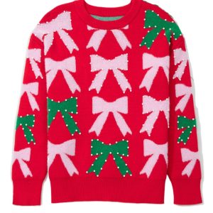 Women's Fiery Red Bow Pearl Embellished Christmas Sweater – Festive Casual Style