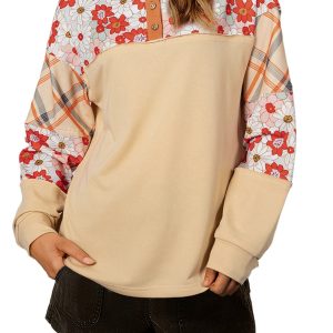 Women's Parchment Floral Plaid Patchwork Casual Top - Long Sleeve Round Neck - Main View