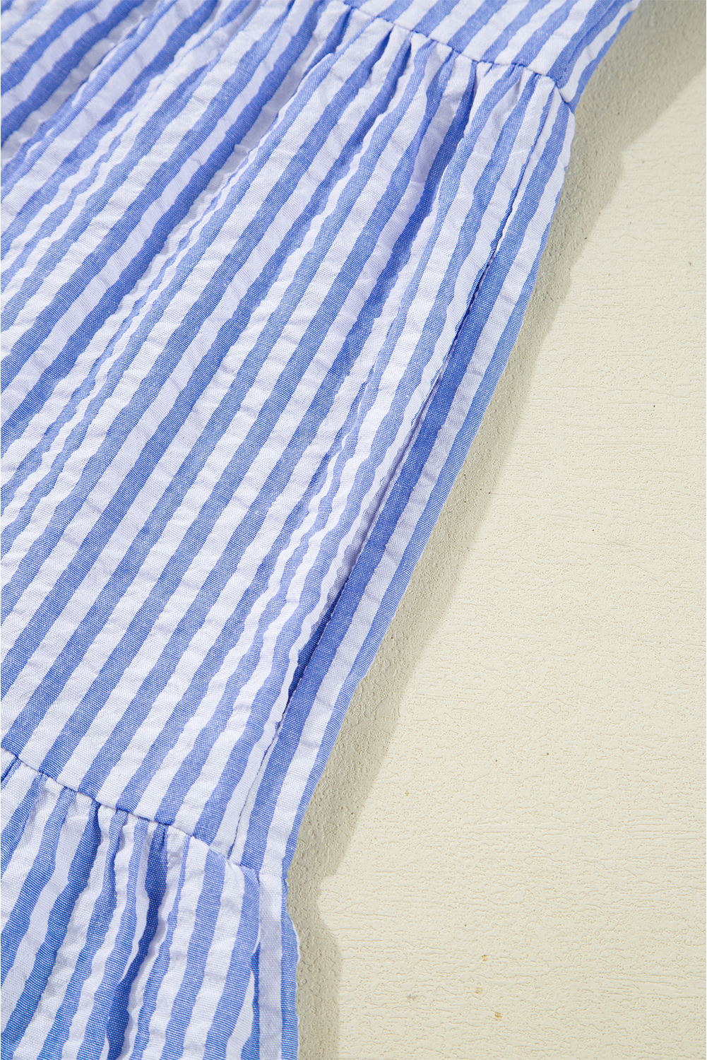 Women's Dress, Sky Blue, Stripe Pattern, Bracelet Sleeves, Tiered Design, Shift Fit, V Neck, Casual Style, Pockets, Spring Fashion, Elegant Mini Dress, A-Line Silhouette, Comfortable Wear, Daily Occasion - Detail View 12