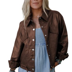 Chicory Coffee Double Flap Pocket Leather Jacket with Drawstring Hem for Women - Main View