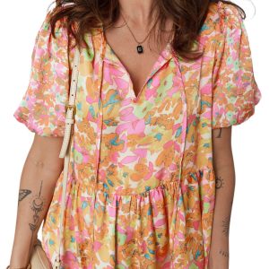 Women's Orange Floral V Neck Blouse – Short Sleeve Casual Top for Summer Days