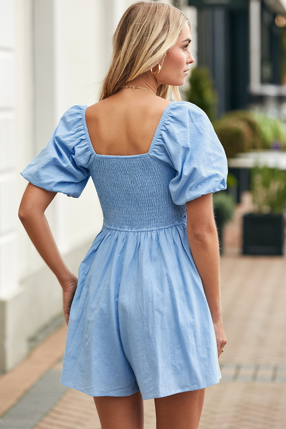 Women's Square Neck Ruched Romper – 100% Cotton Puff Sleeve Short Jumpsuit, Casual Summer Style - Detail View 13