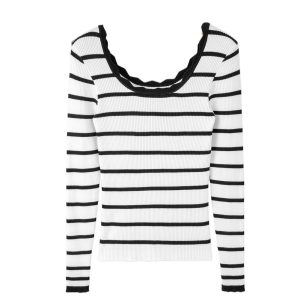 Women's Black and White Striped Ribbed Slim Sweater with Scalloped Trim - Main View