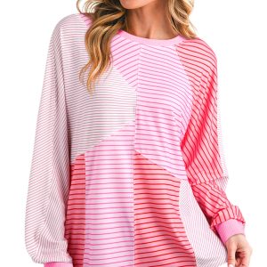 Sachet Pink Striped Colorblock Top – Casual Long Sleeve Shirt for Women, Ideal for Fall and Autumn - Main View