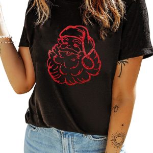 Festive Black Rhinestone Santa Claus Graphic T-Shirt for Women – Perfect for Christmas Cheer - Main View