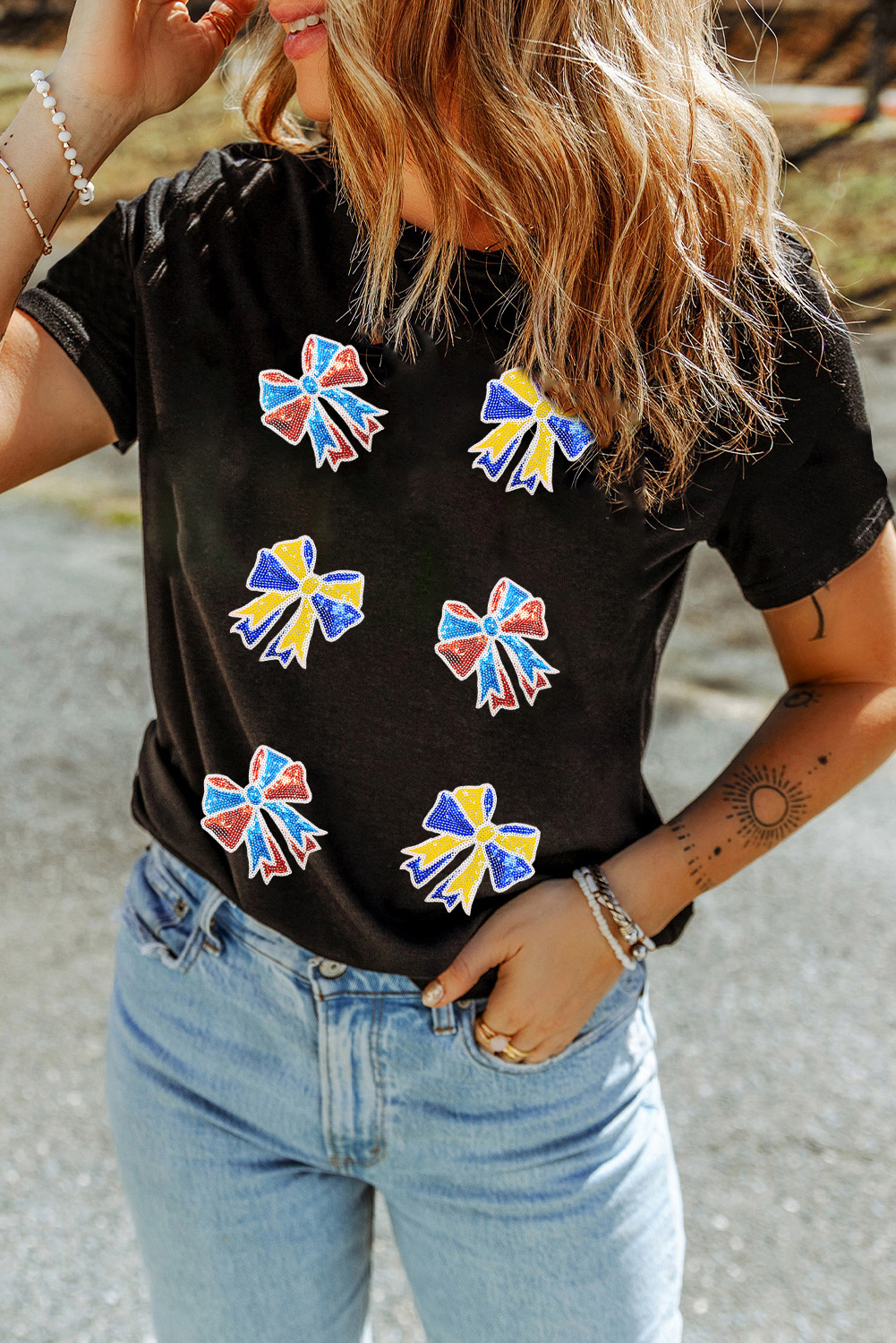 Women's T-Shirt, Black Tee, Sequin Bow Patch, Game Day, Casual Style, Short Sleeve, Round Neck, Summer Top, Comfortable Wear, Shift Silhouette, Daily Outfit - Detail View 8