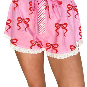 Women's Pink Bow Print Striped Loose Shorts – Casual High Waist with Lace Trim for Summer