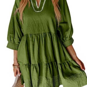 Women's Jungle Green Contrast Stitched V Neck 3/4 Sleeve Tiered Mini Dress with Pockets - Main View