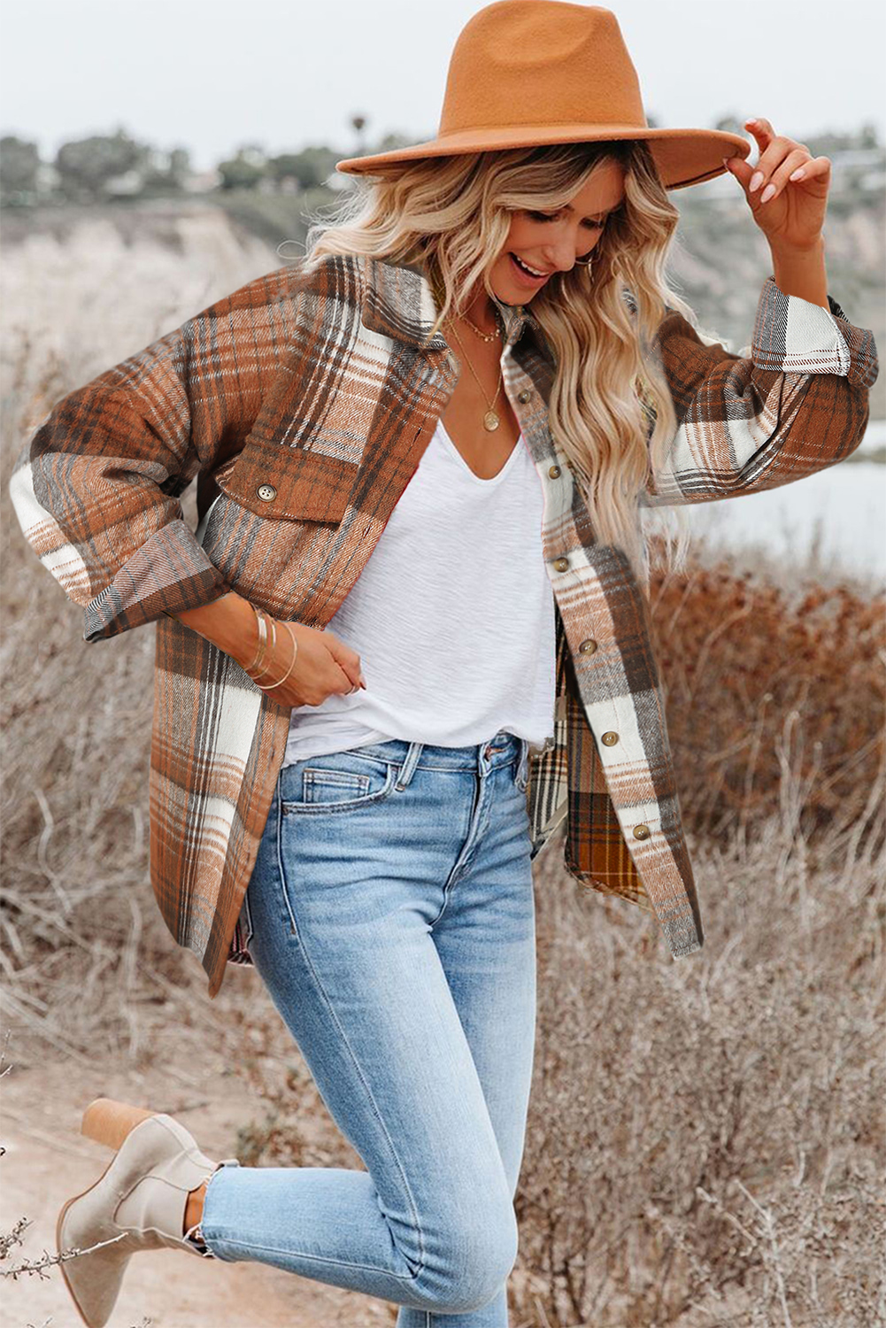 Versatile Brown Plaid Button-Up Shacket - Perfect for Autumn Fashion - Detail View 3