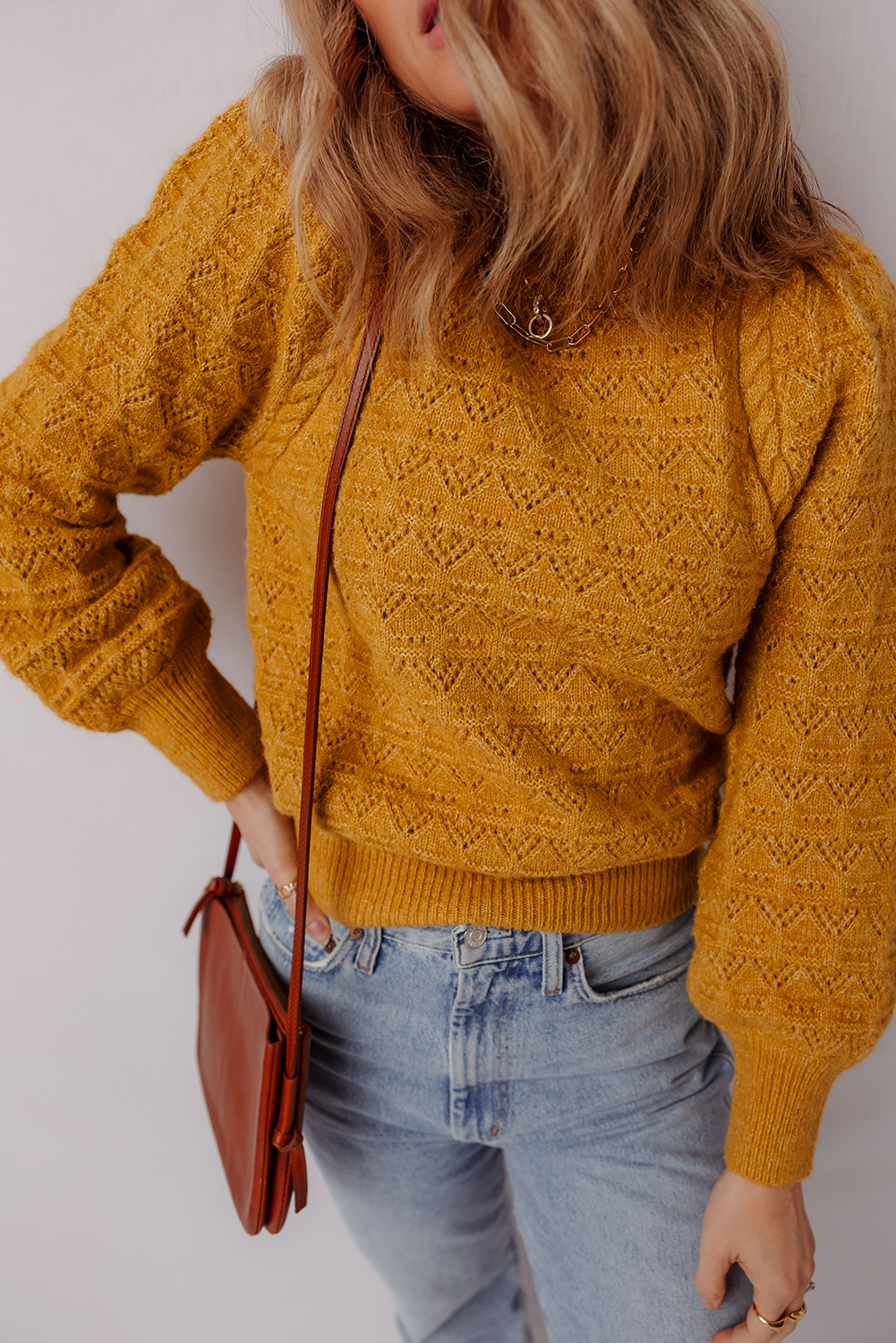 Chic Jurassic Gold Sweater with Puff Sleeves and Ribbed Details for Daily Wear - Detail View 7