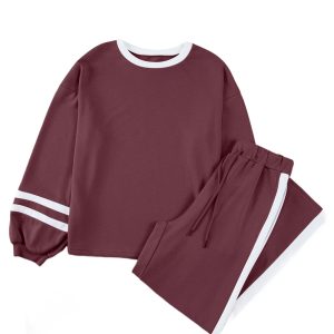 Women's Mineral Red Striped Patchwork Pullover Pant Set for Daily Wear